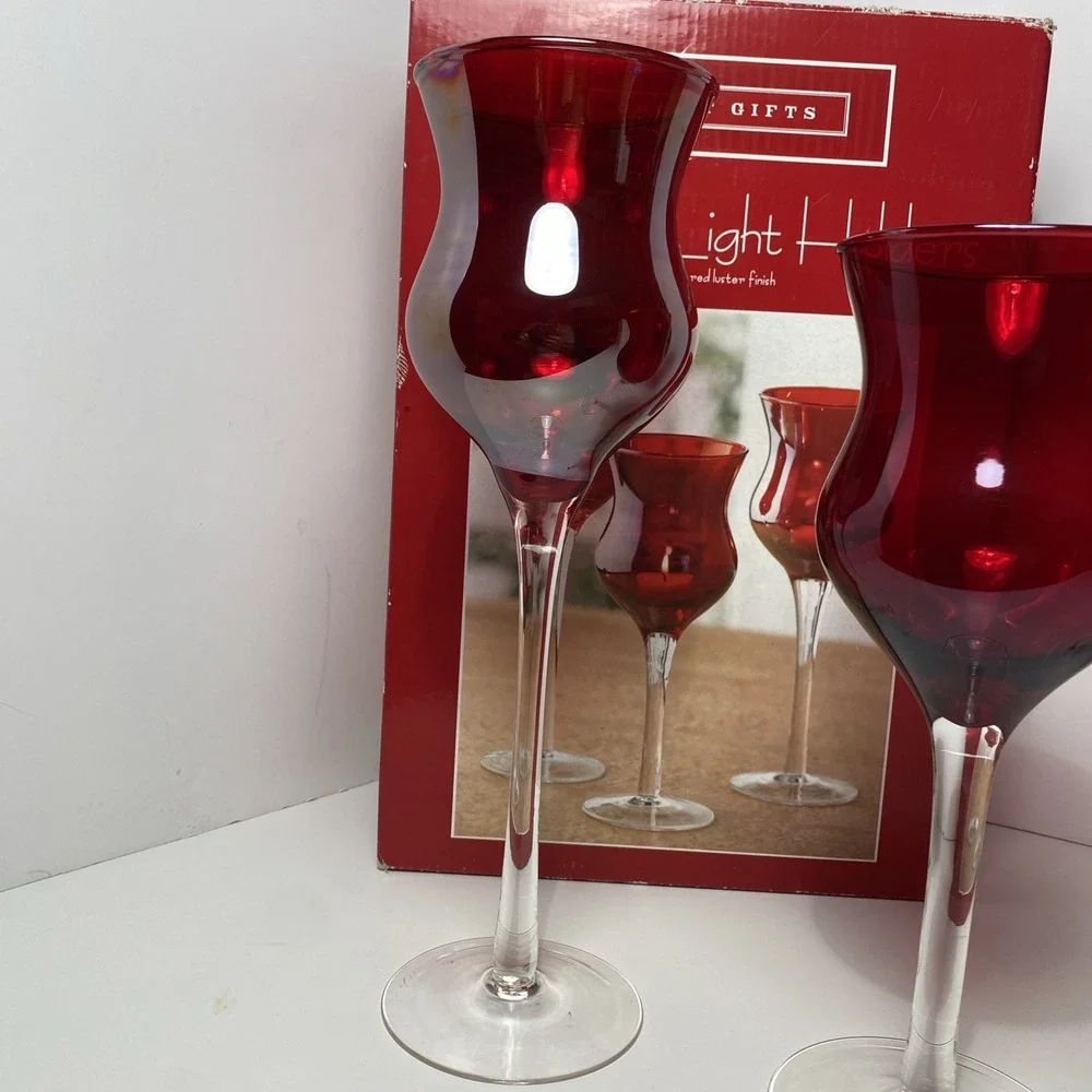 VTG Glass Tea, Light Holders Set Of 3 Red‎ Luster Finish RubyRed Christmas Decor